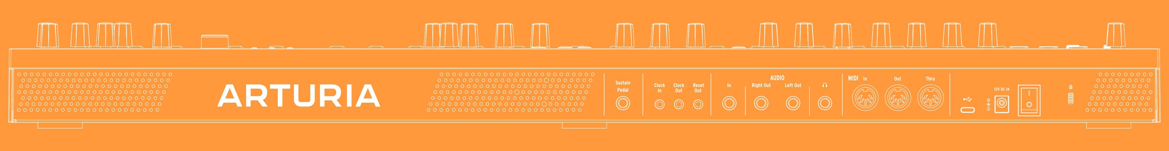 Arturia MiniFreak 49 rear panel showing stereo outputs, audio input, MIDI, USB-C, clock, sustain and power connections