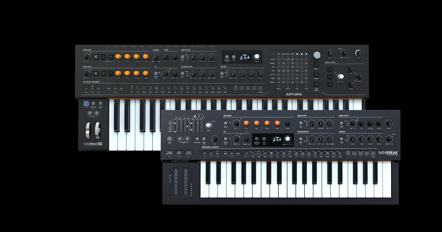 Arturia MiniFreak and MiniFreak 49 shown side by side for size and control comparison